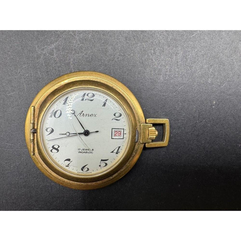 Vintage Arnex Hunters Pocket Watch 17 Jewels Incabloc Swiss Made Gold Tone
